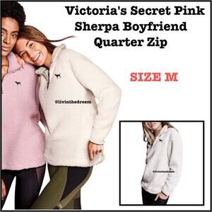 #T5  Victoria's Secret Pink Sherpa Boyfriend Quarter Zip Sweater Pullover M $79